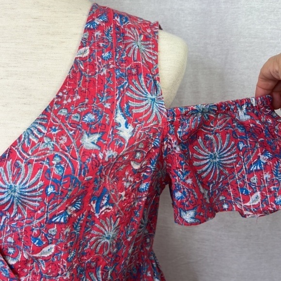 LUCKY BRAND Women’s Floral Red Blue Cold Shoulder Baby Doll Top Sz S - Picture 6 of 11